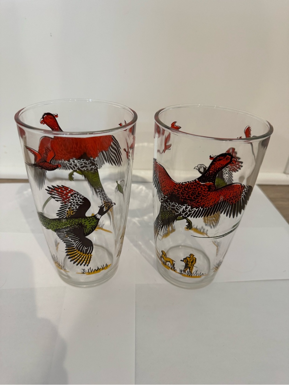 2 Vintage Hazel Atlas Pheasant Hunting High Ball Glasses 6.5”